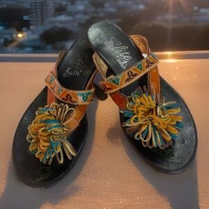 Elite by Corkys Sandals Leather Colorful‎ Hand Painted Pompom Women Sz 9 Fits 8!